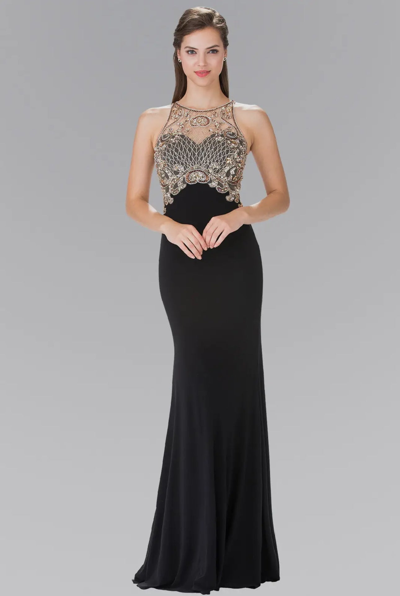 Dakota Floor Length Dress with Jewel Embellished Sheer Bodice and Back