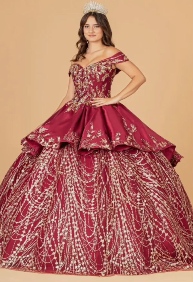 LIA OFF SHOULDER SATIN QUINCEANERA BALL GOWN EMBELLISHED WITH GOLD EMBROIDERY