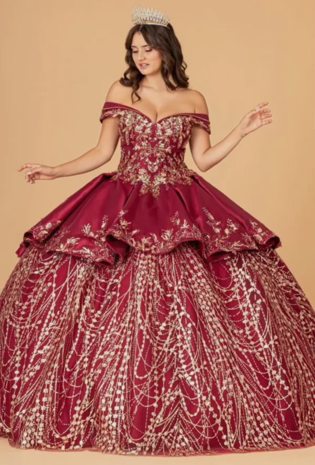 LIA OFF SHOULDER SATIN QUINCEANERA BALL GOWN EMBELLISHED WITH GOLD EMBROIDERY