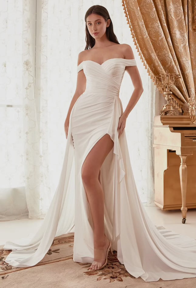 Draped Off the Shoulder Bridal Dress with Overskirt