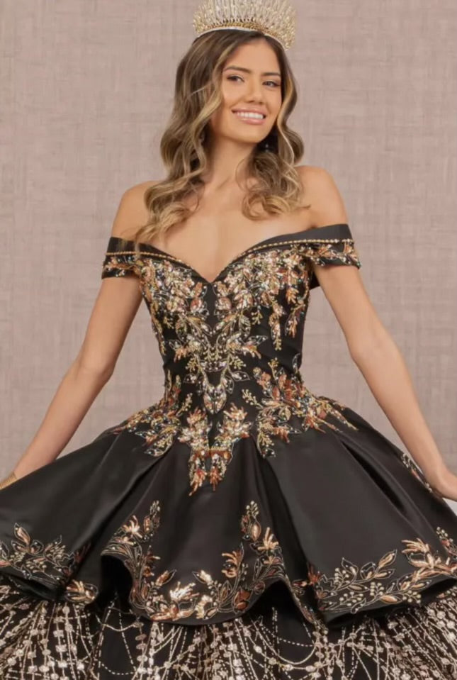 LIA OFF SHOULDER SATIN QUINCEANERA BALL GOWN EMBELLISHED WITH GOLD EMBROIDERY