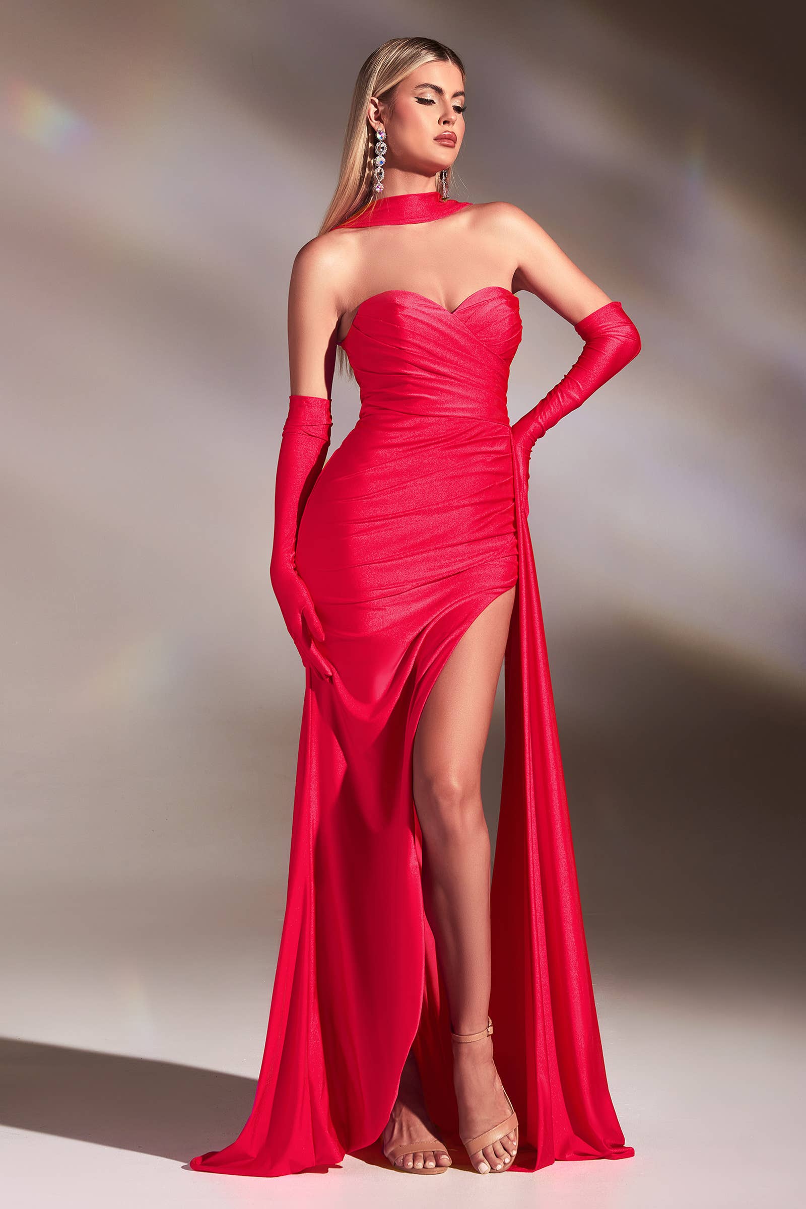 STRAPLESS STRETCH SATIN GOWN WITH GLOVES