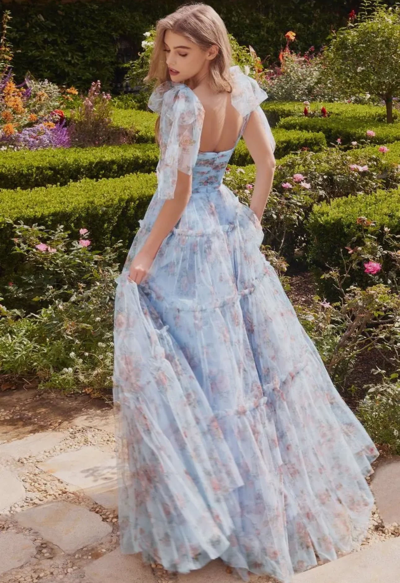 Kendall Printed Floral Layered Tulle Gown