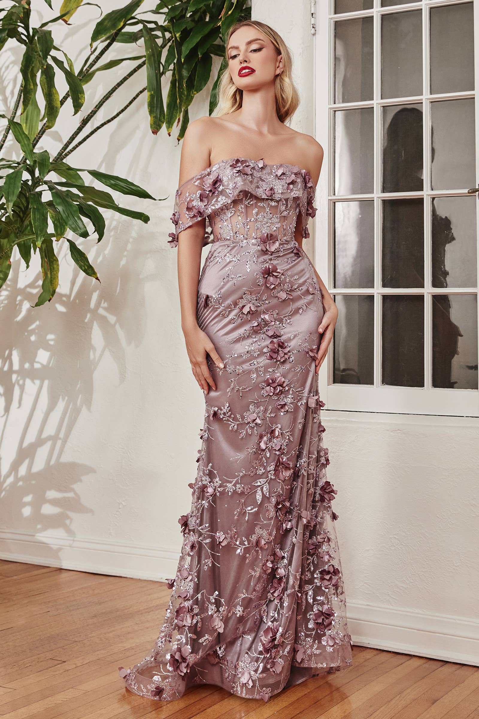 FLORAL PRINT FITTED OFF THE SHOULDER GOWN