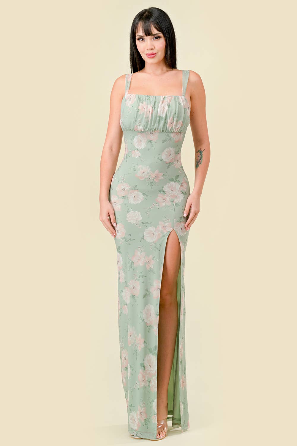 Daisy Floral Printed Mesh Slip on Maxi Dress