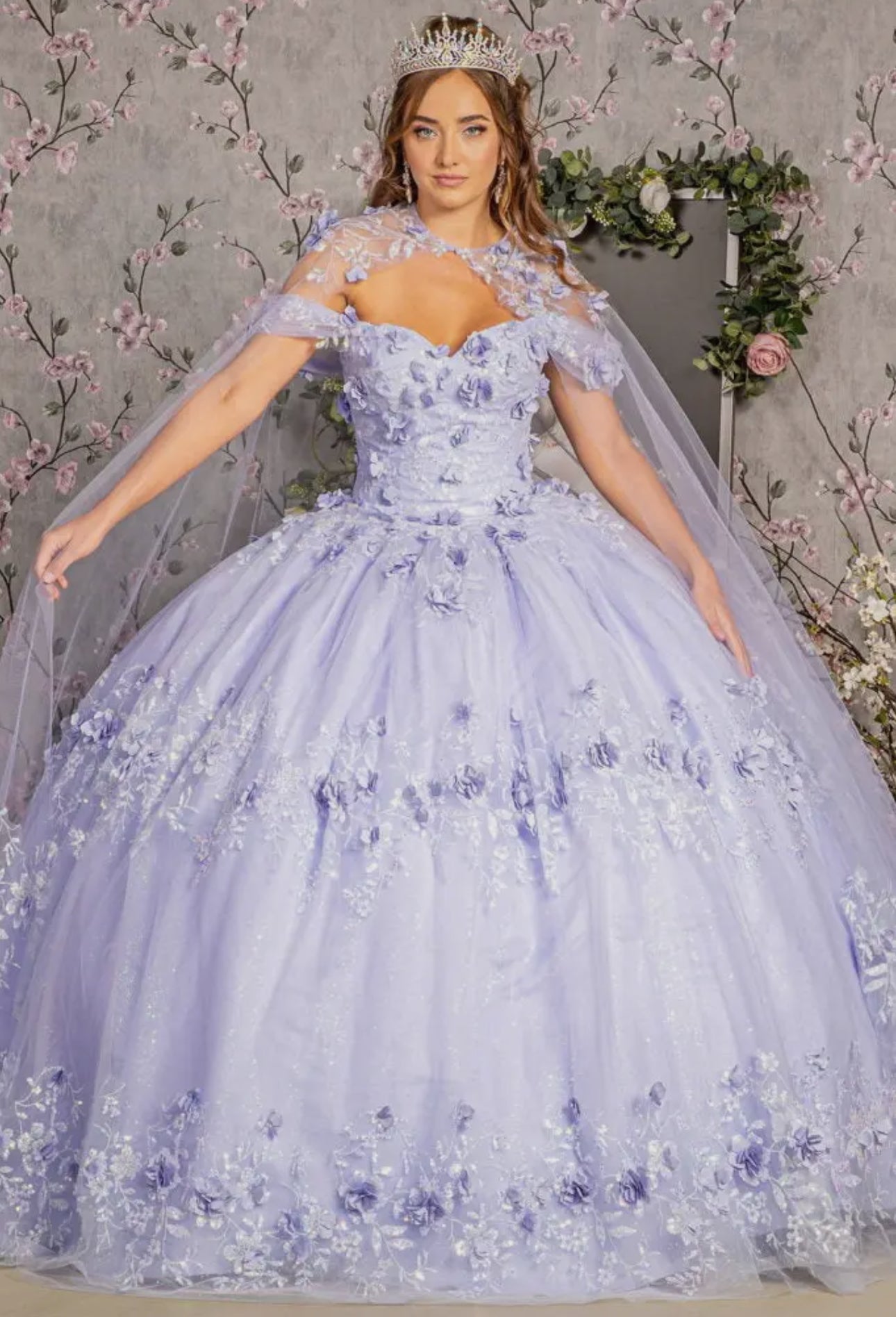 Kinsley Glitter 3D Flower Applique Mesh W/ Long Mesh Cape Quinceanera Dress