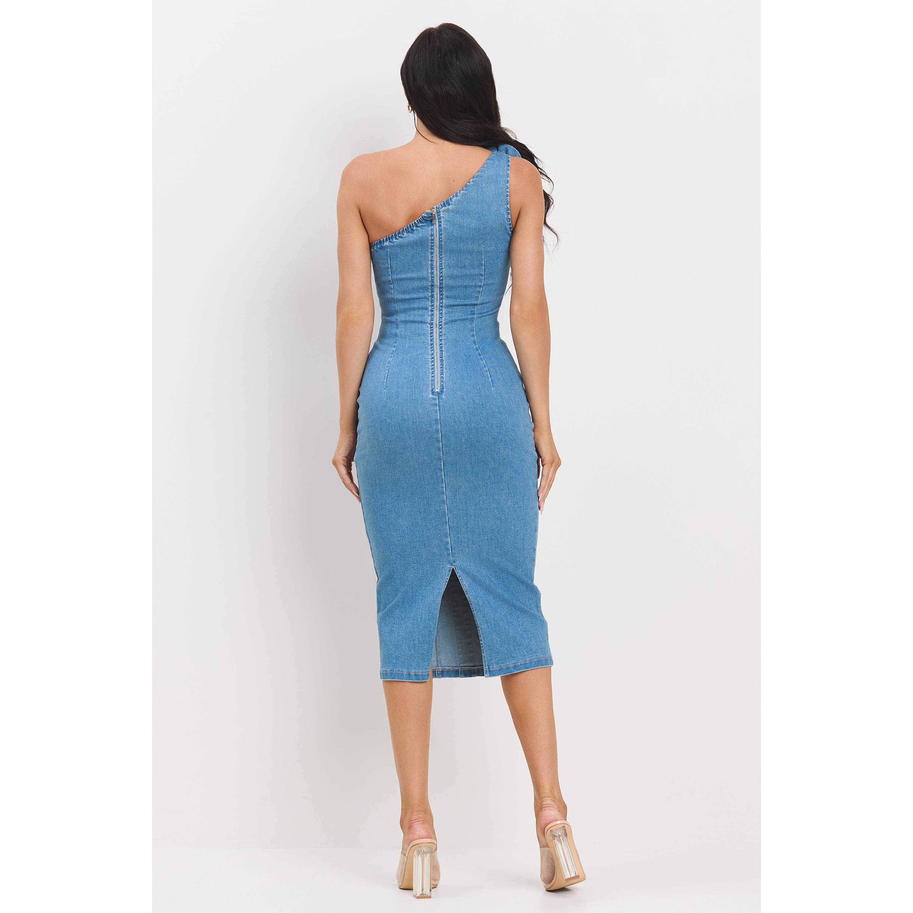 DENIM CORSAGE ATTACHED ONE SHOULDER MIDI DRESS