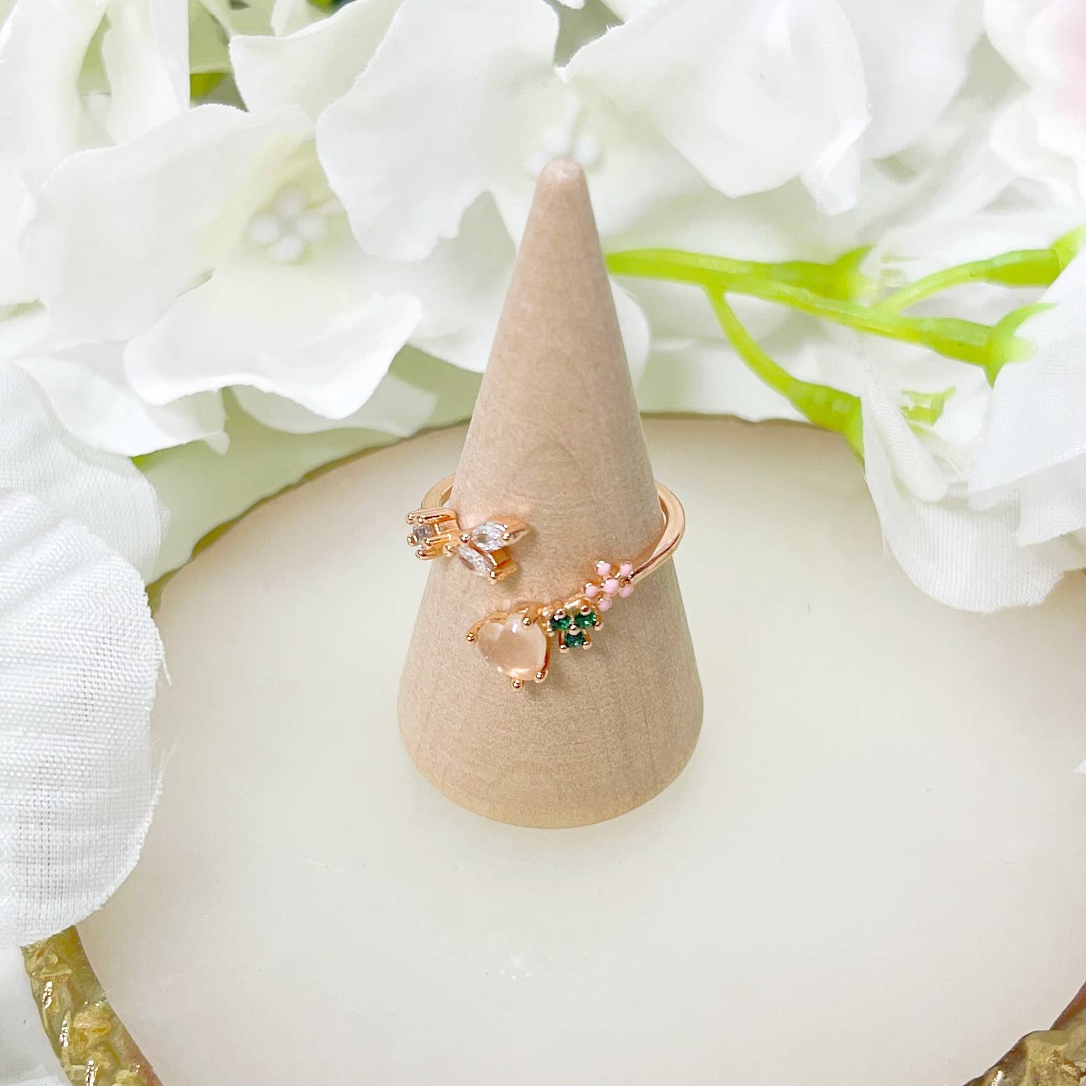 Flower Pink stone ring, floral ring