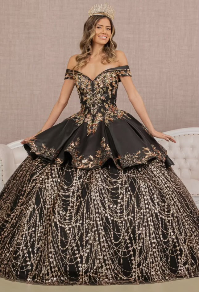 LIA OFF SHOULDER SATIN QUINCEANERA BALL GOWN EMBELLISHED WITH GOLD EMBROIDERY