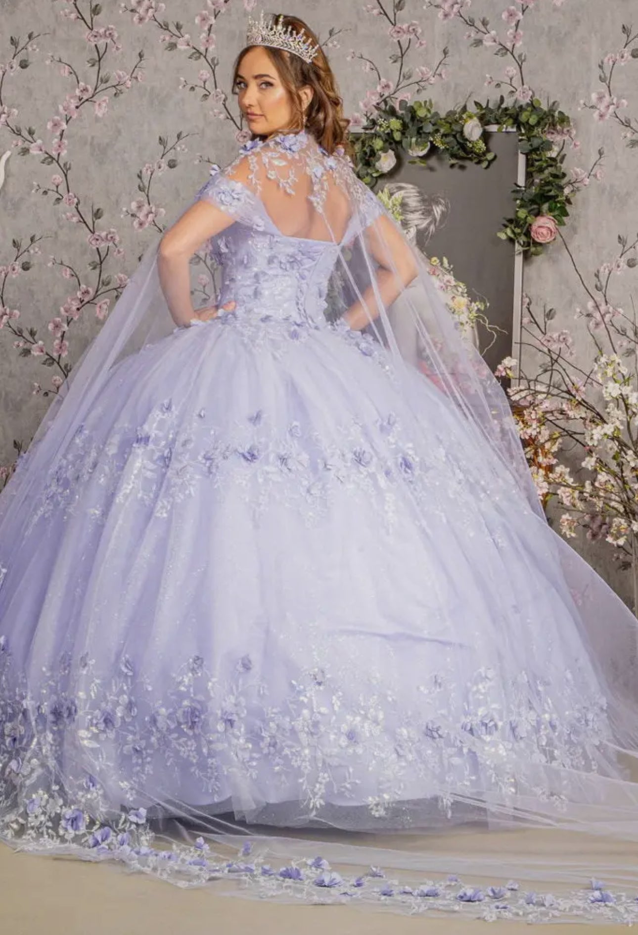 Kinsley Glitter 3D Flower Applique Mesh W/ Long Mesh Cape Quinceanera Dress