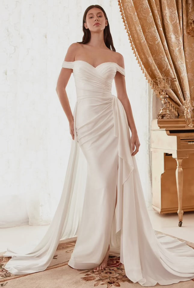 Draped Off the Shoulder Bridal Dress with Overskirt