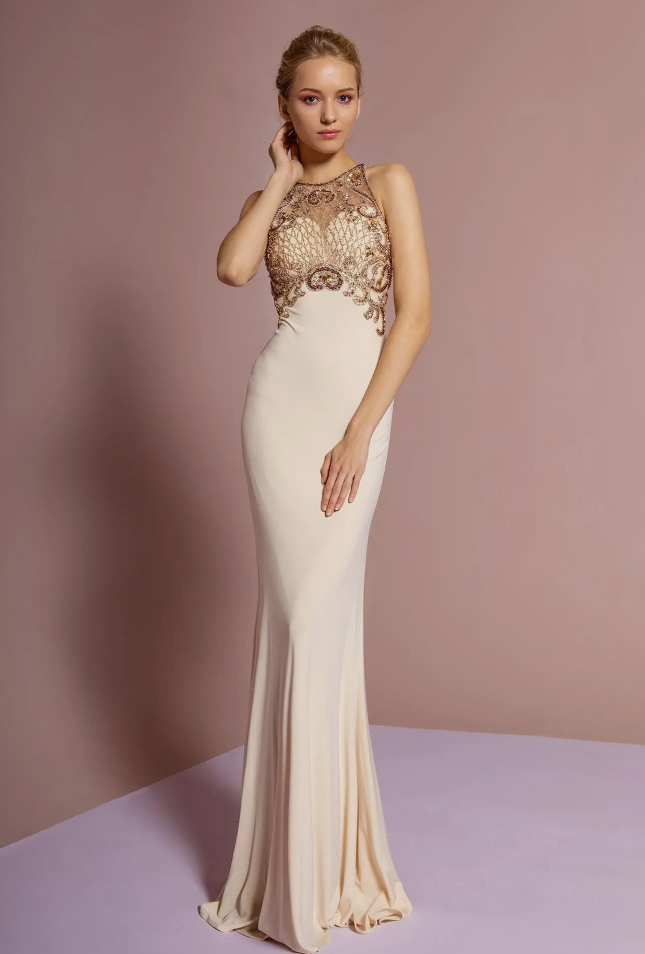 Dakota Floor Length Dress with Jewel Embellished Sheer Bodice and Back