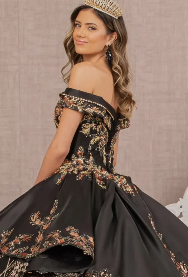 LIA OFF SHOULDER SATIN QUINCEANERA BALL GOWN EMBELLISHED WITH GOLD EMBROIDERY