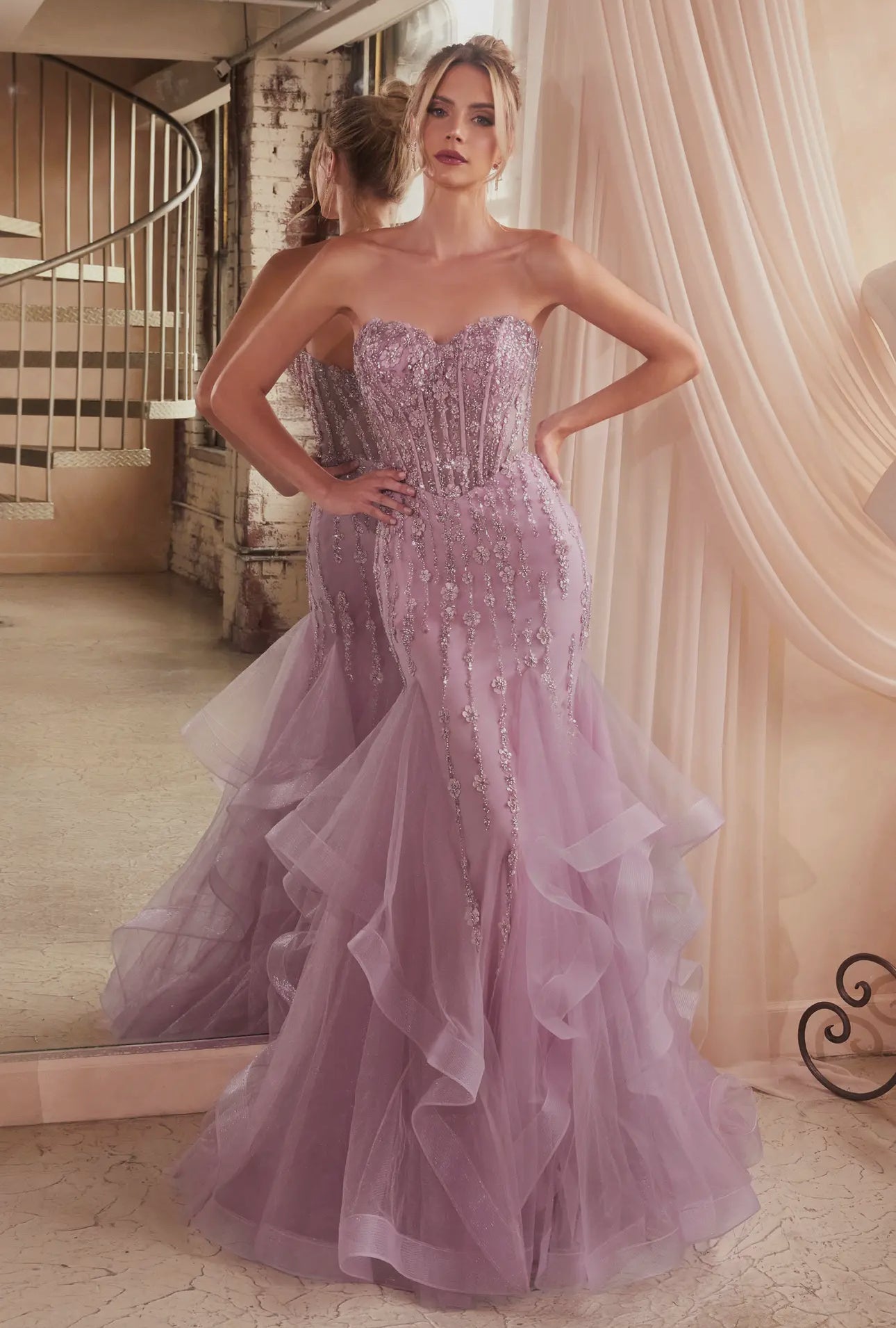 Tiered Mermaid Gown W/ Embellishments