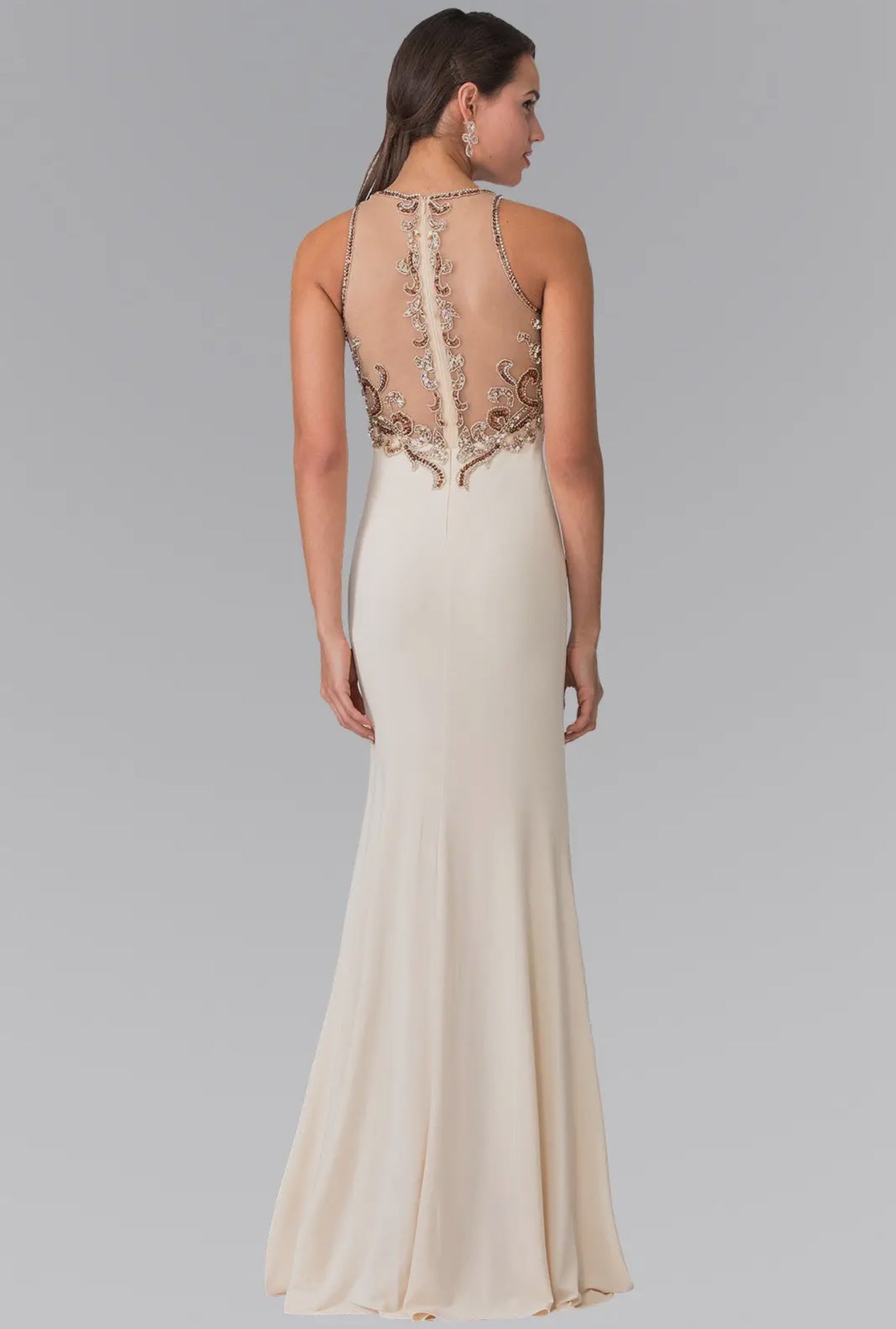 Dakota Floor Length Dress with Jewel Embellished Sheer Bodice and Back