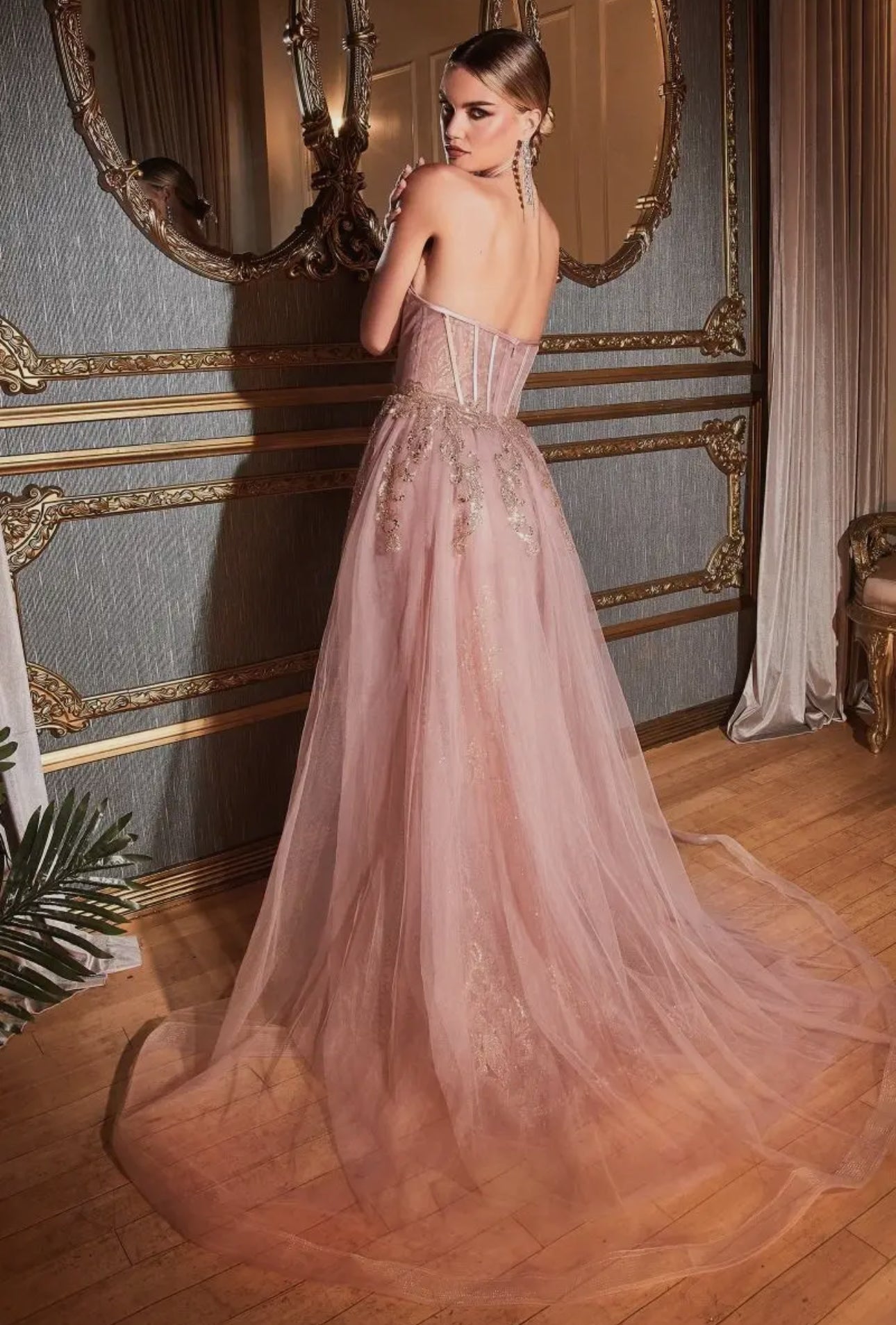 Zoey Strapless Glitter Gown With Removable Tulle Overskirt