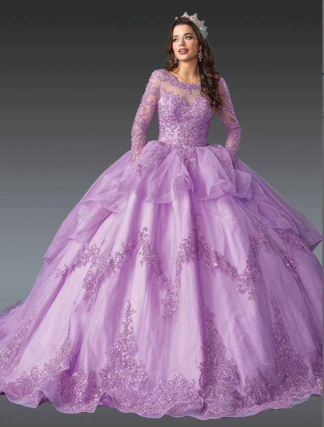 Opal Opulent Gown with Long Sleeves and Neckline Quinceanera dress