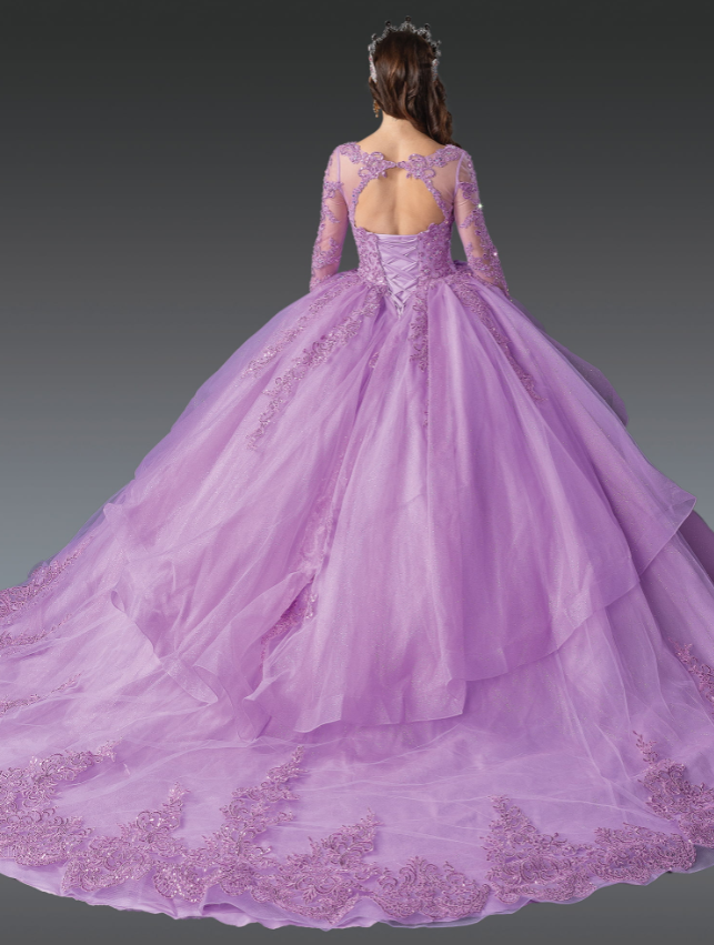 Opal Opulent Gown with Long Sleeves and Neckline Quinceanera dress