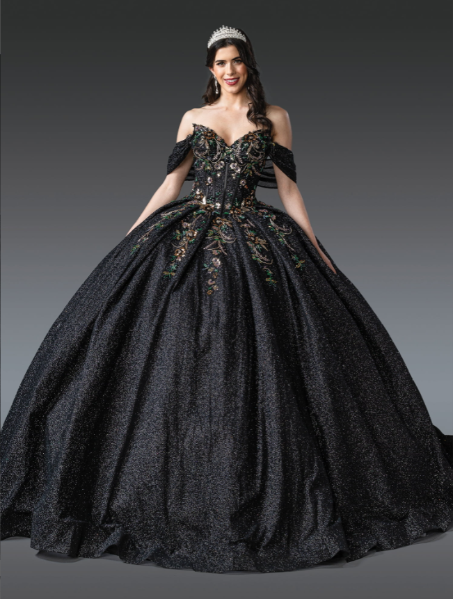 Obsidian Off-Shoulder Gown with Beaded Bodice Quinceanera Dress