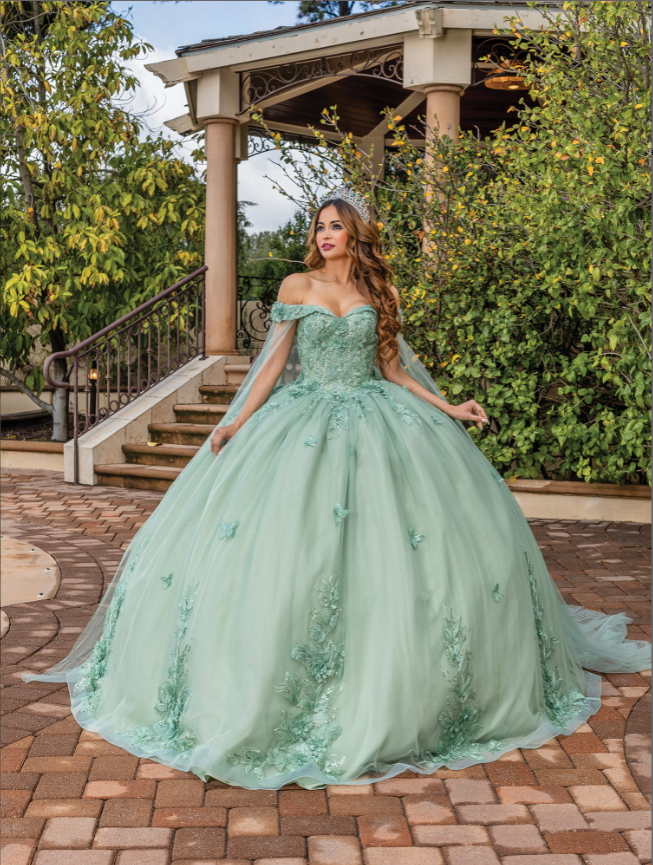 Fiona Off-the-Shoulder Gown with Sheer Long Cape Quinceanera Dress