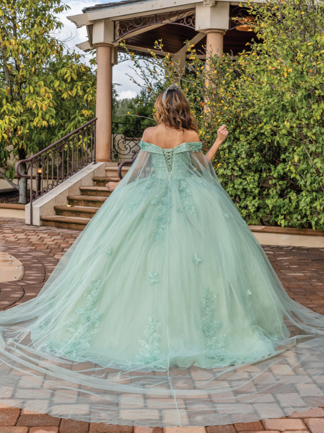 Fiona Off-the-Shoulder Gown with Sheer Long Cape Quinceanera Dress