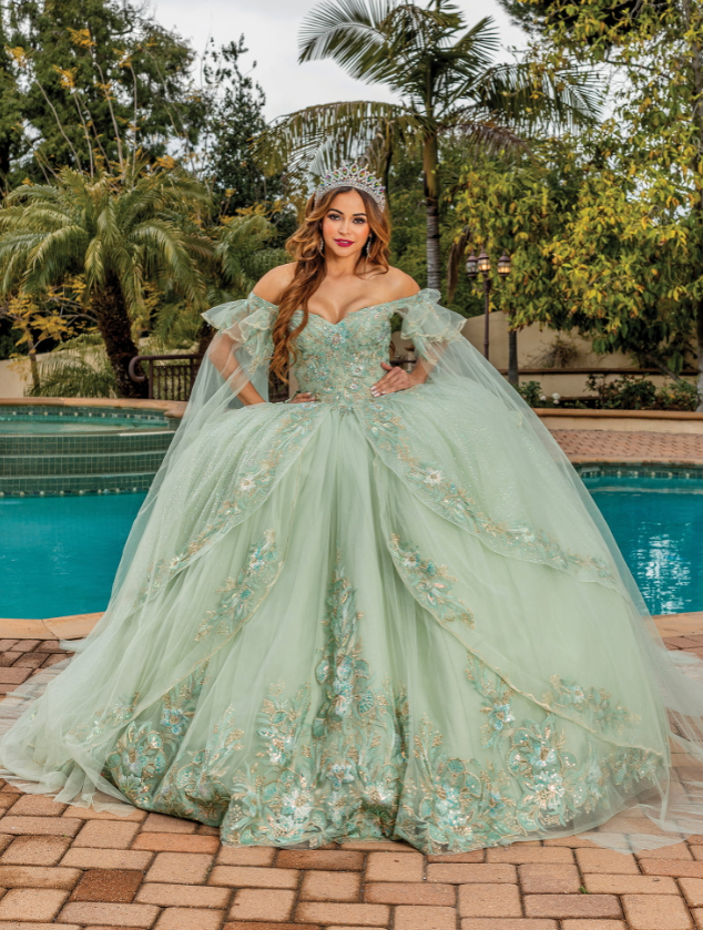 Jade Gown with Sheer Long Sleeves Quinceanera Dress