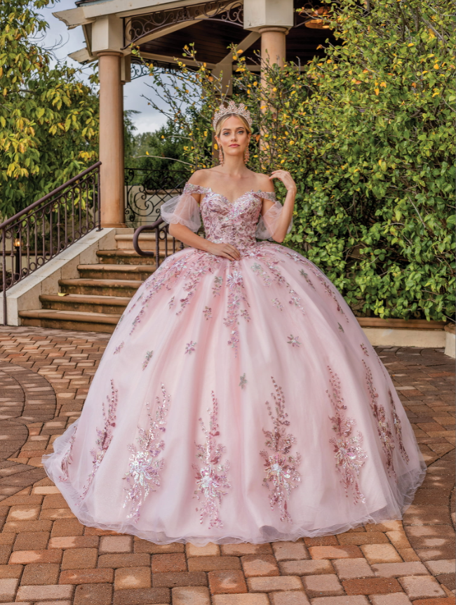 Addison Neckline Ball Gown with Sheer Long-Sleeved Cape Quinceanera dress