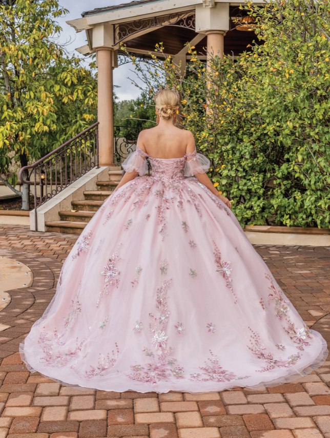 Addison Neckline Ball Gown with Sheer Long-Sleeved Cape Quinceanera dress