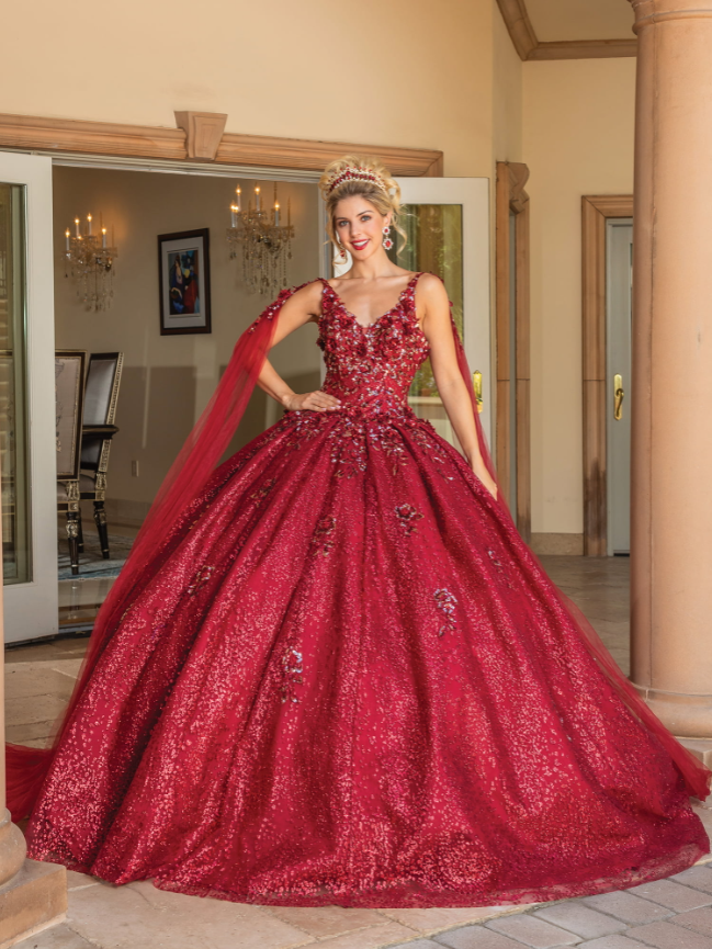 Margarette Sequined Gown and Sheer Cape Quinceanera Dress