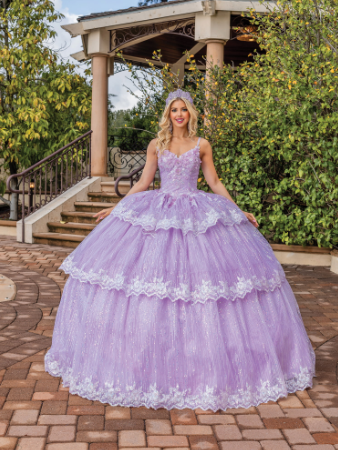 Lily Gown with Cap Sleeves and Accent and Sequined Tiers Quinceanera Dress