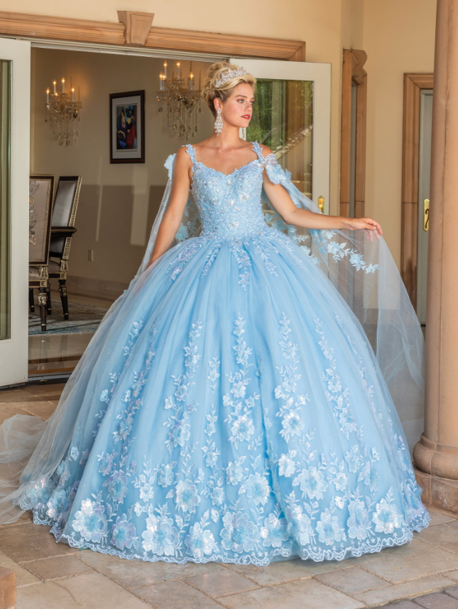 Layla Long-Sleeved Gown with Appliqués and Sheer Overlay Quinceanera Dress