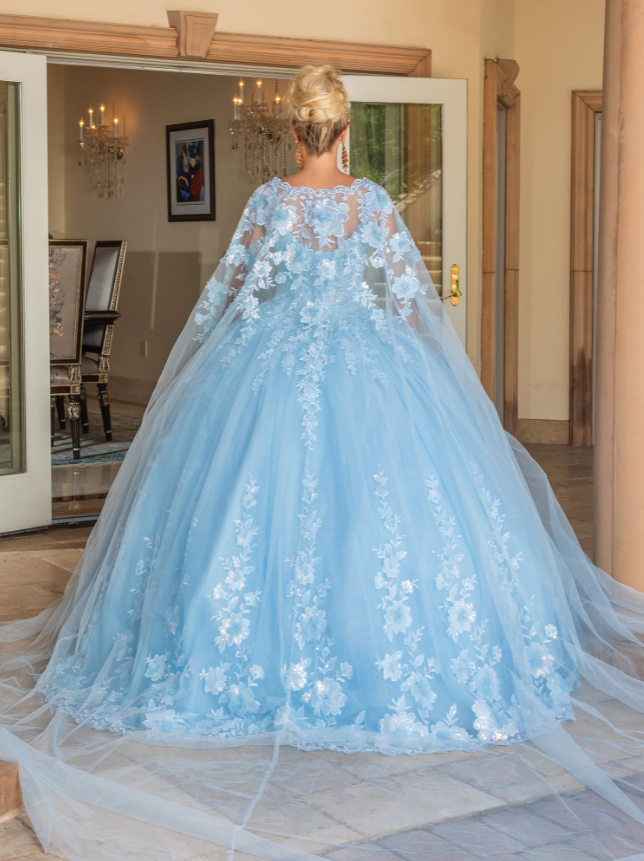 Layla Long-Sleeved Gown with Appliqués and Sheer Overlay Quinceanera Dress