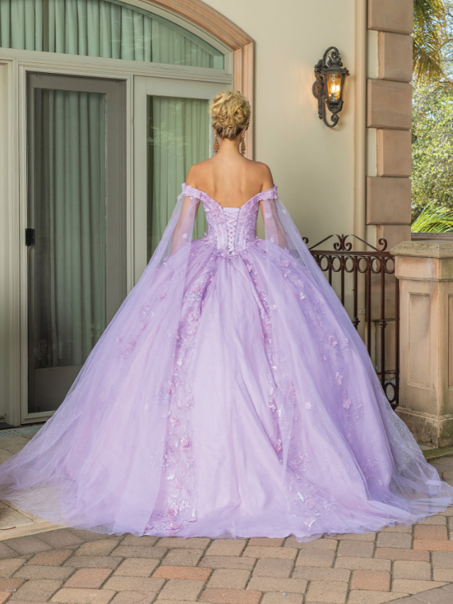 Genesis Off-the-Shoulder Gown with Corset Back and Sheer Overlay Quinceanera Dress