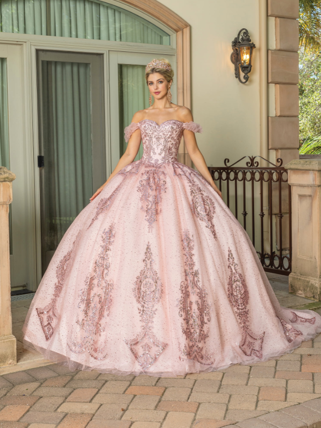 Grace Off-the-Shoulder Gown with Corset and Tulle Overlay Quinceanera Dress