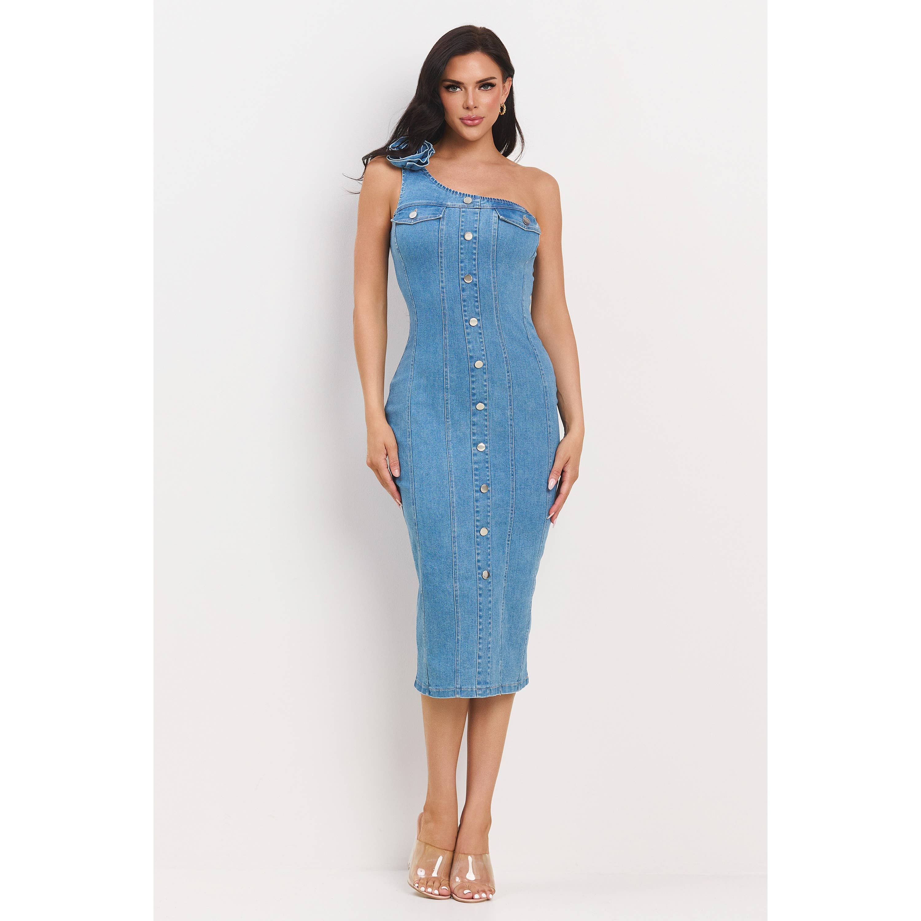 DENIM CORSAGE ATTACHED ONE SHOULDER MIDI DRESS