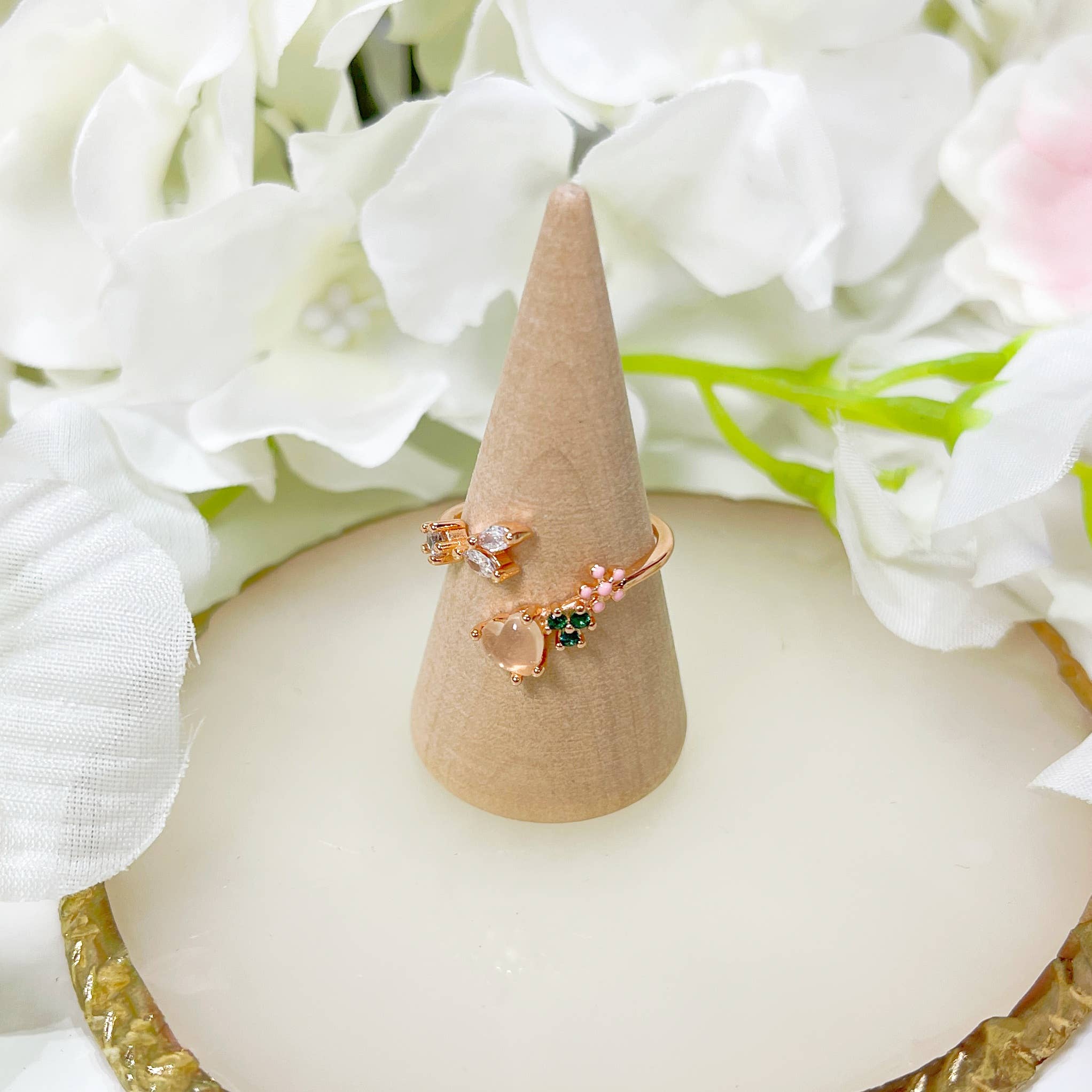 Flower Pink stone ring, floral ring